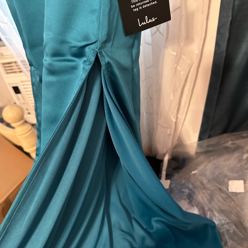 Lulu's Teal Maxi Dress with side slit and adjustable straps. Lined. - Picture 6 of 11